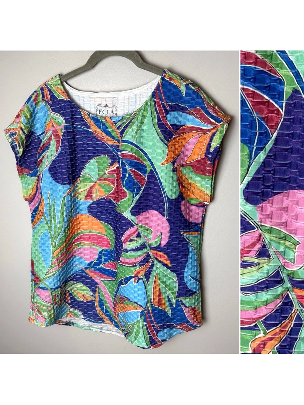 ECLA Top Size XL Tropical Floral Textured Blouse Multicolor Stretch Cap Sleeves